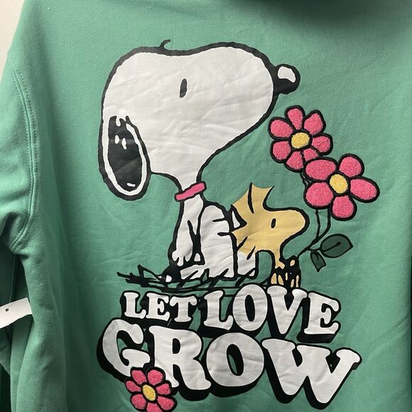 PEANUTS WOODSTOCK,SNOOPY "LET LOVE GROW" GREEN HOODIE SWEATSHIRT SIZE XL NWT - Picture 2 of 8